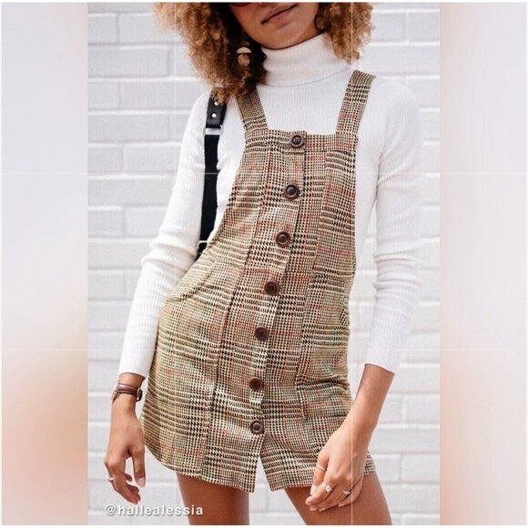 Urban Outfitters Dress Small Joey Yellow Houndstooth Plaid Mini Pinafore Overall - Picture 11 of 11